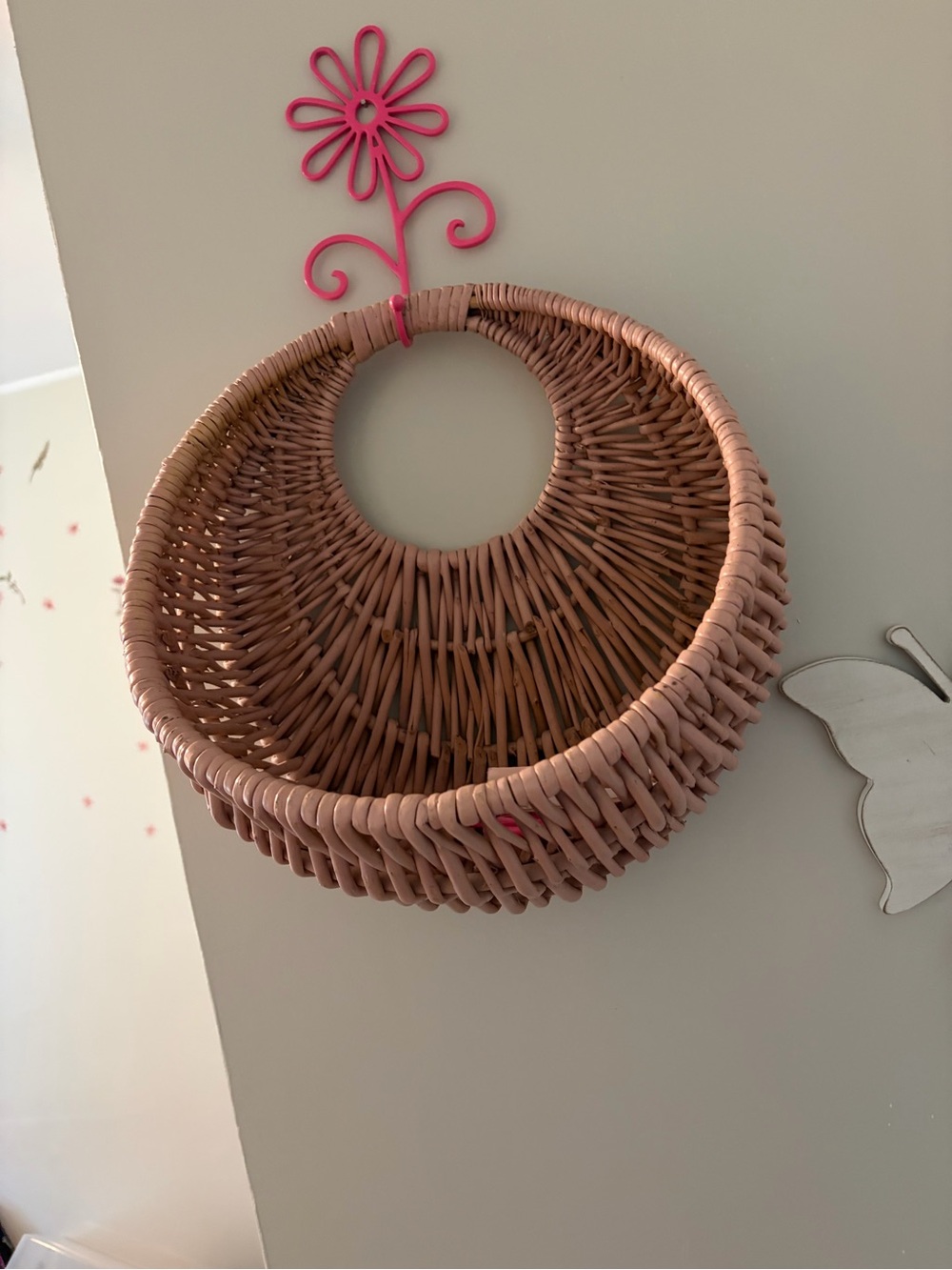 Handwoven Pink Wicker Wall Basket - Round